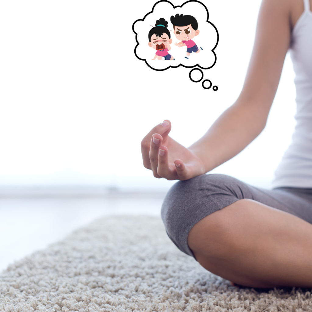 Cropped picture showing only left portion of someone sitting in a cross leg position with hand resting upturned on their leg sitting on beige carpet with a light background. There is a thought bubble with an animated picture of two children inside.